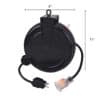 Close-up of a black circular device (headset-like) with a hanging hook and a cord leading to a two-prong plug and a transparent connector; dimensions shown: 9 inches wide and 11 inches tall, with a 3-inch red measurement on the side.