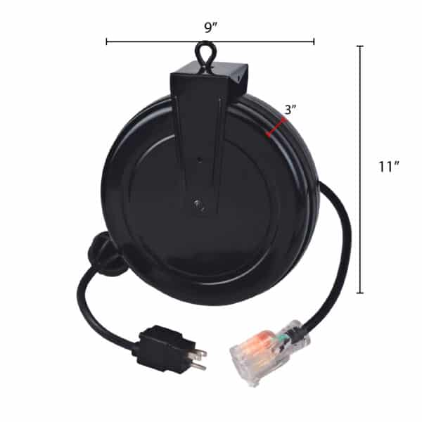 Close-up of a black circular device (headset-like) with a hanging hook and a cord leading to a two-prong plug and a transparent connector; dimensions shown: 9 inches wide and 11 inches tall, with a 3-inch red measurement on the side.