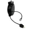 Black retractable cable reel with an inline power plug and a clear RJ-45 Ethernet connector.