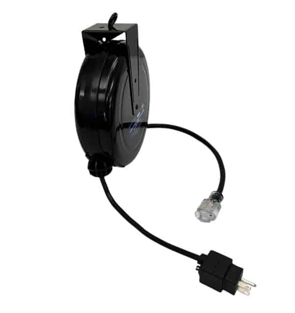 Black retractable cable reel with an inline power plug and a clear RJ-45 Ethernet connector.