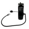 Black electrical device with a long cord and a two-prong plug on a white background, shown from the side.