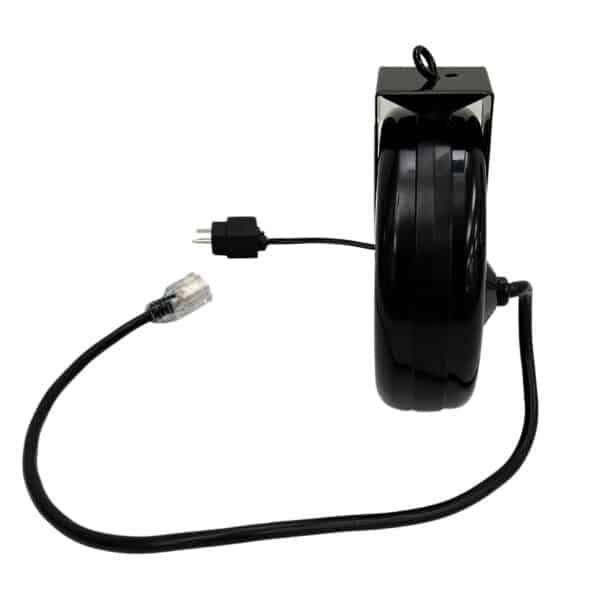 Black electrical device with a long cord and a two-prong plug on a white background, shown from the side.