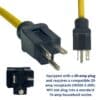 8336TS-20-Amp-Plug-Photo | Alert Reel Manufacturing Close-up of a yellow power cable with a 20-amp flat-blade plug and a matching outlet plug, illustrating 20A connectors (NEMA 5-20) and incompatible 15A outlet text nearby.