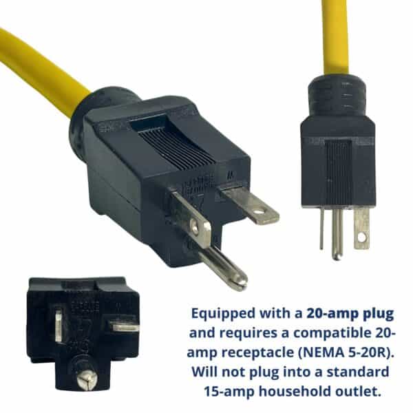 8336TS-20-Amp-Plug-Photo | Alert Reel Manufacturing Close-up of a yellow power cable with a 20-amp flat-blade plug and a matching outlet plug, illustrating 20A connectors (NEMA 5-20) and incompatible 15A outlet text nearby.