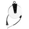 900-EPD-professional-grade-retractable-constant-tension-cord-reel-20-feet-svt-proreel-angle-1_edited | Alert Reel Manufacturing White circular cord reel with a black mounting bracket and attached power plug