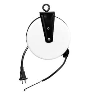 White circular cord reel with a black mounting bracket and attached power plug