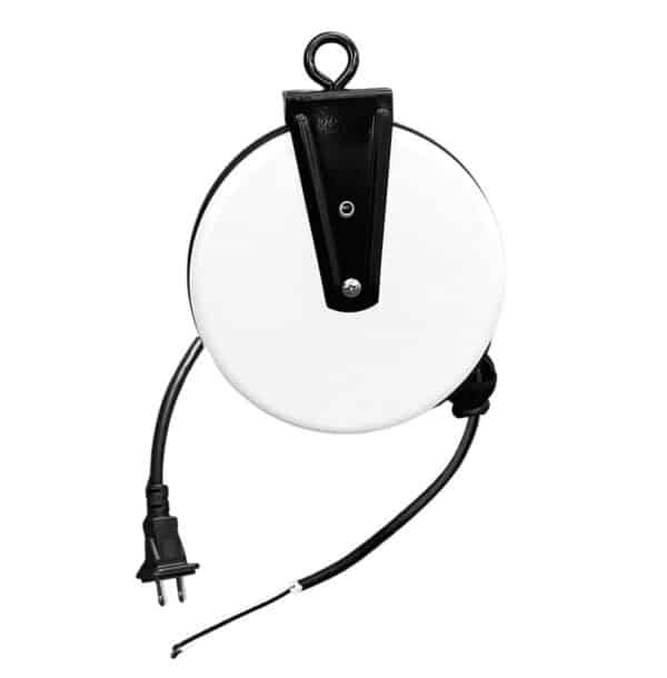 900-EPD-professional-grade-retractable-constant-tension-cord-reel-20-feet-svt-proreel-angle-1_edited | Alert Reel Manufacturing White circular cord reel with a black mounting bracket and attached power plug